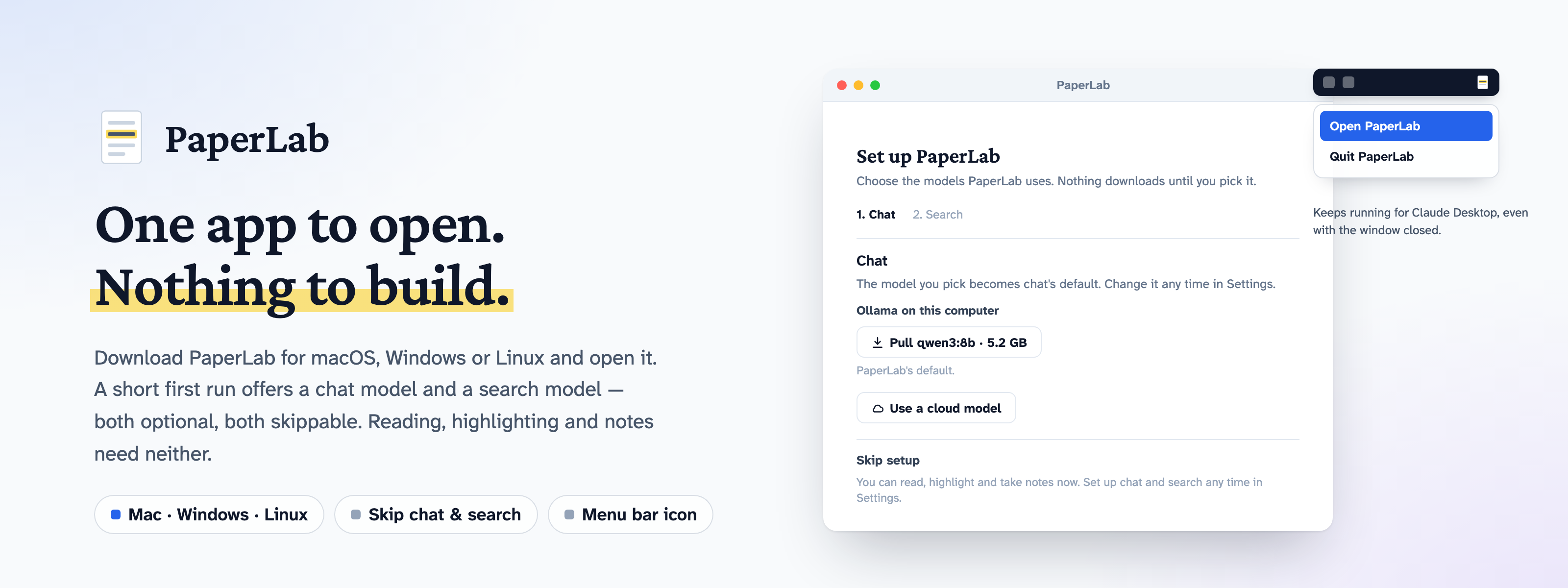The PaperLab window showing the first-run setup offering a chat model with a Skip setup line, and the menu-bar icon with Open PaperLab and Quit PaperLab.