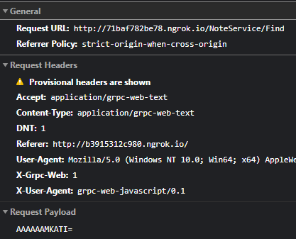 Uma chamada gRPC feita a partir do browser mostrando a URL e as informações de requisição