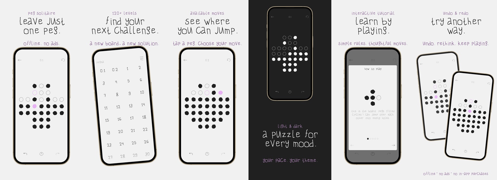 Pegma screenshots: peg solitaire, 120+ levels, available moves, dark theme, interactive tutorial, undo and redo
