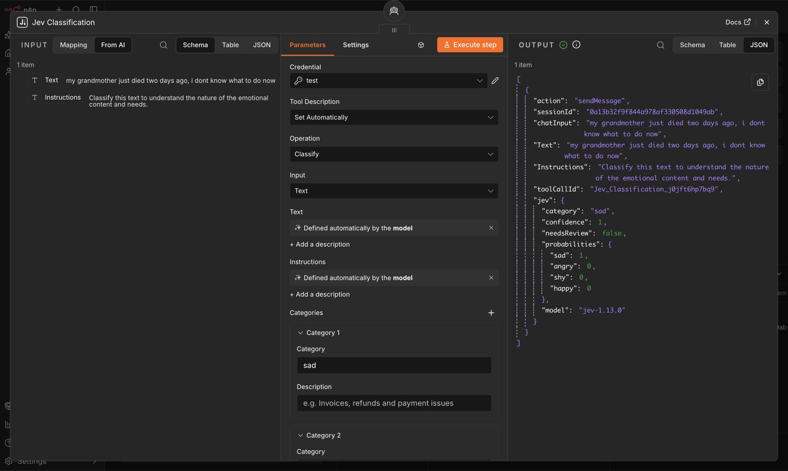 Jev Classification used as an AI Agent tool: the agent filled Text and Instructions itself and received category