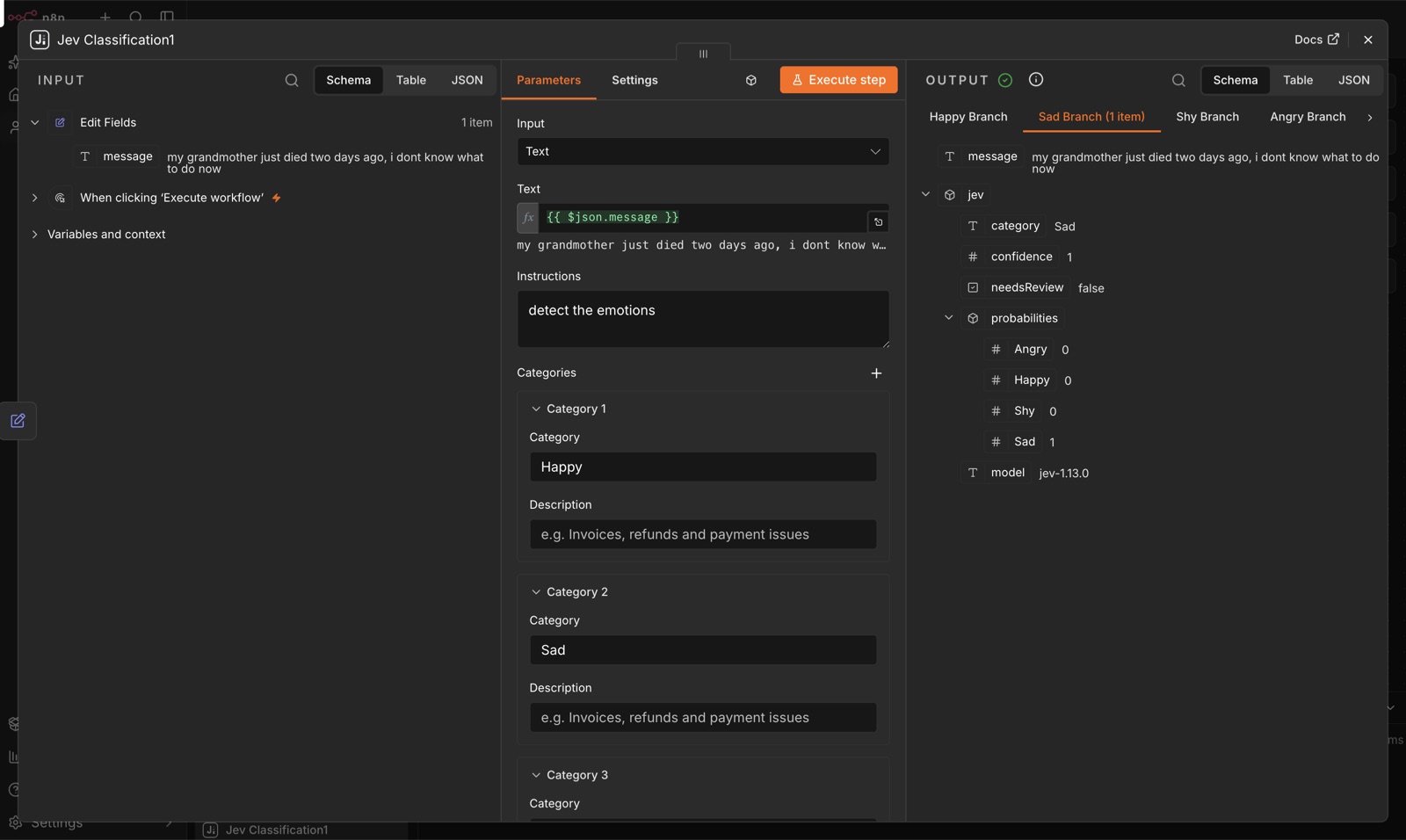 Node output panel: the item landed on the Sad branch with jev.category, confidence, needsReview, probabilities for every category, and the model version