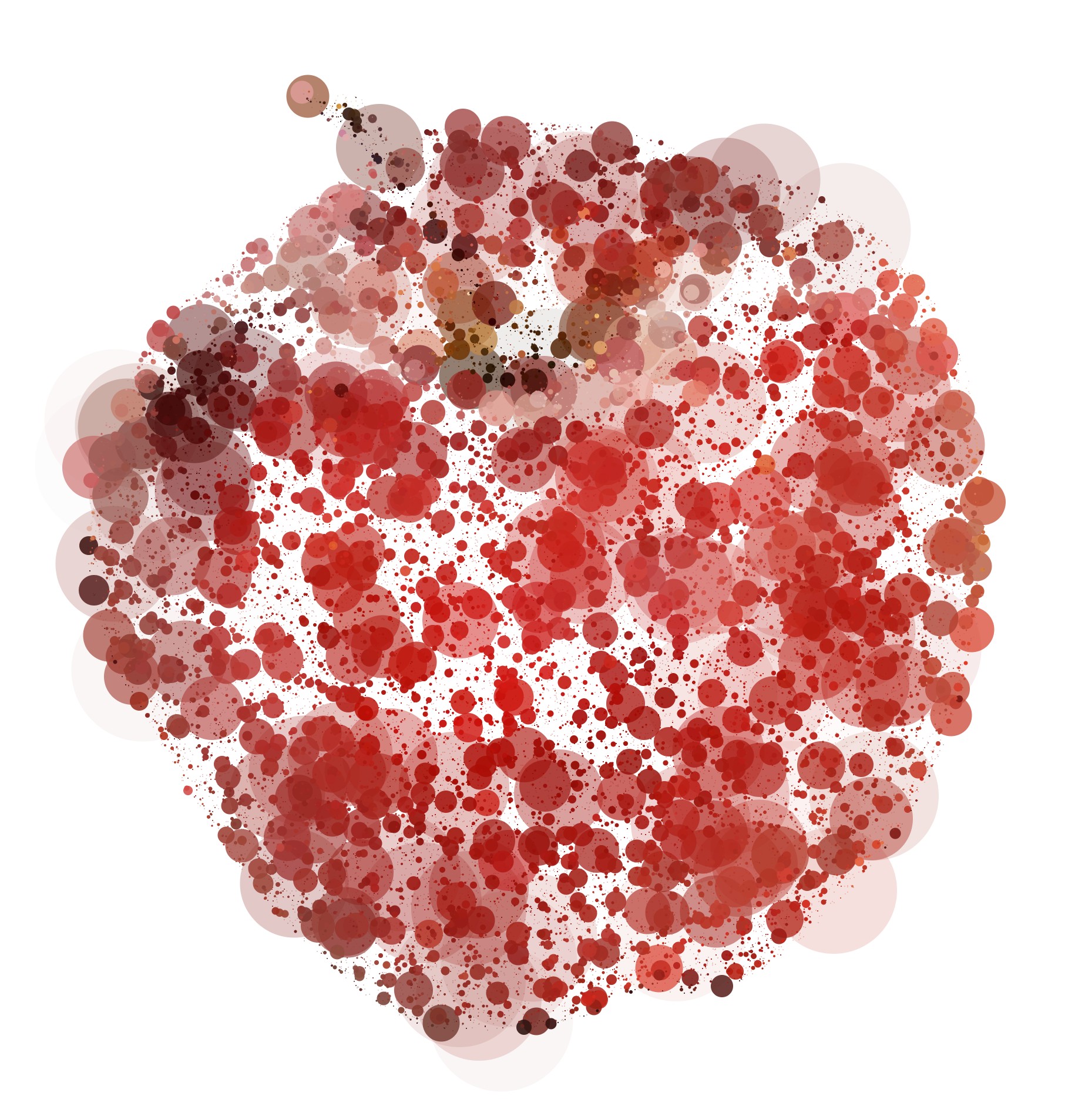 Red Dots of different sizes overlap on a white background to form an abstract apple