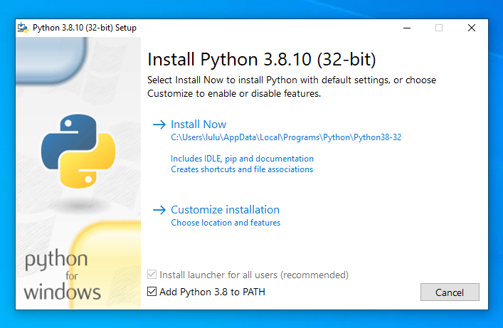Python 3.8.x installation