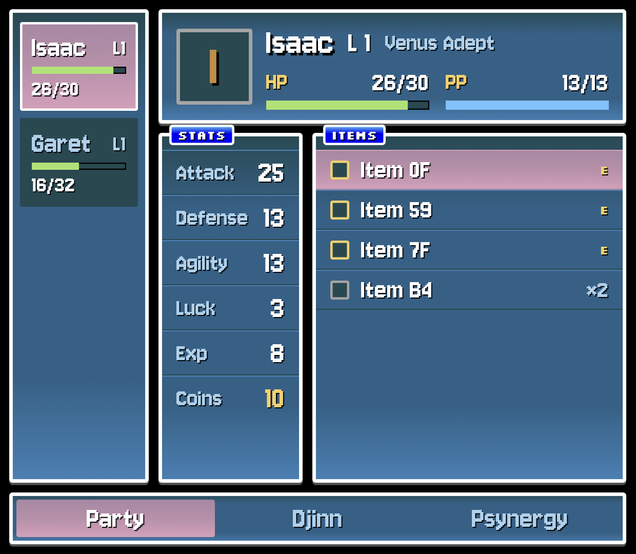 Golden Sun party page with the roster on the left