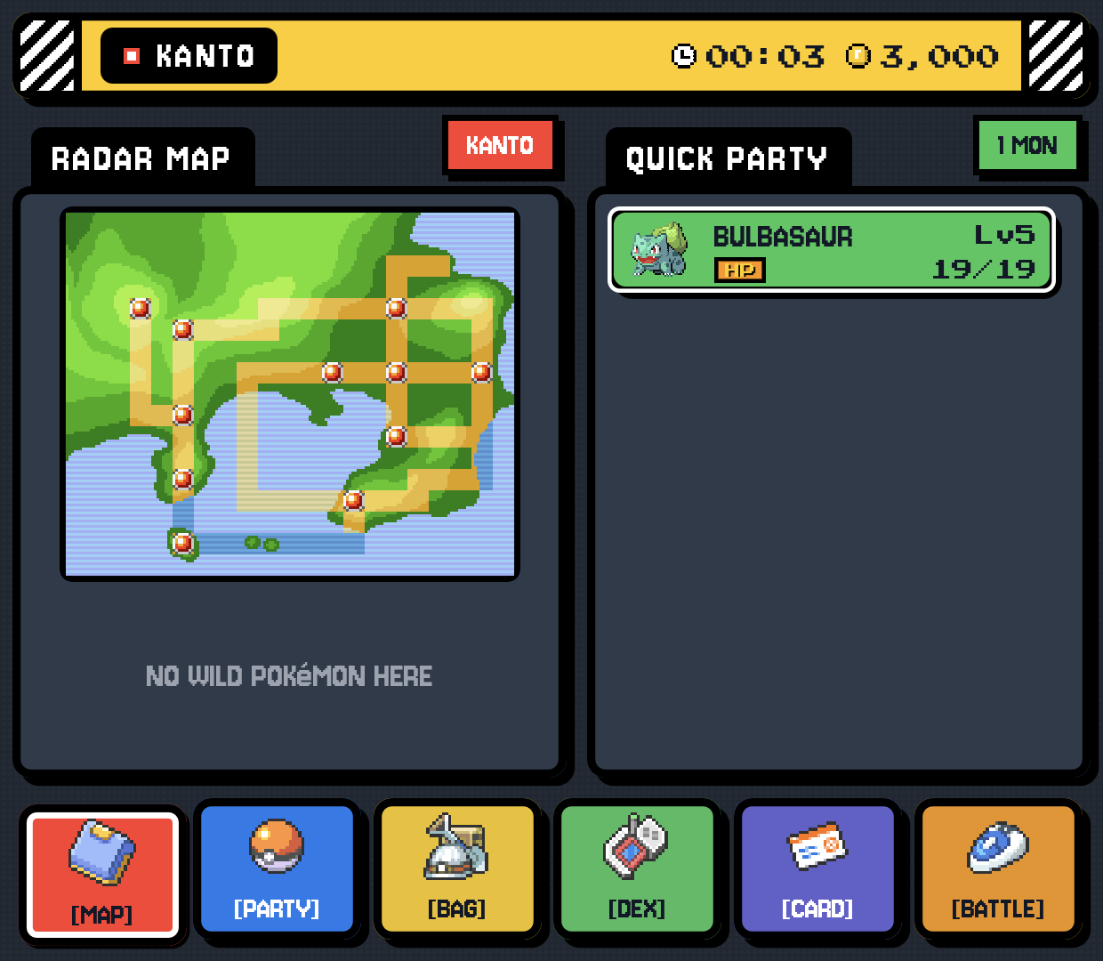 Map page: the Kanto Town Map with your spot, and a quick look at your party
