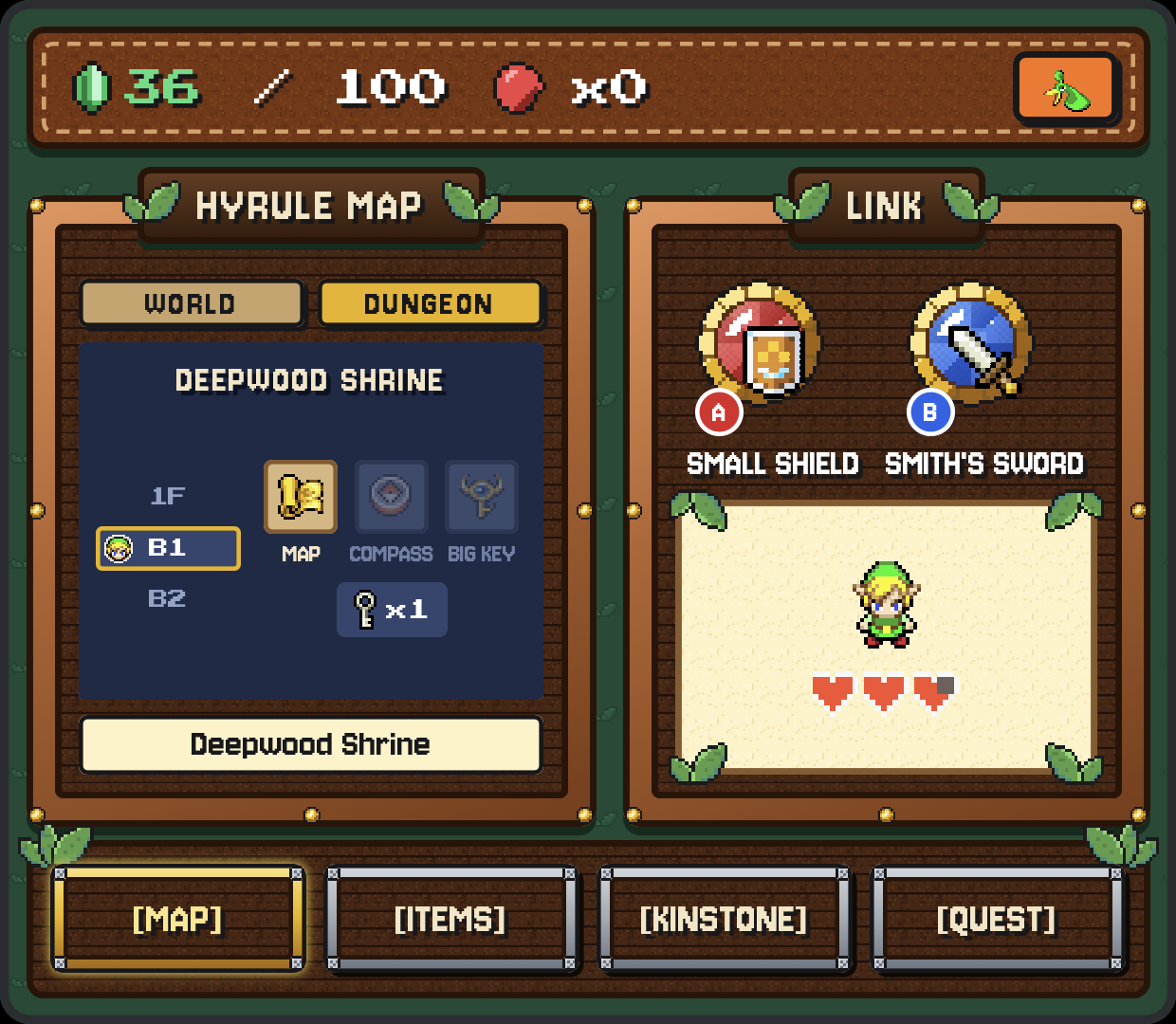 Map page in Deepwood Shrine: dungeon floors, map, compass, big key, and Link with his A and B items and hearts