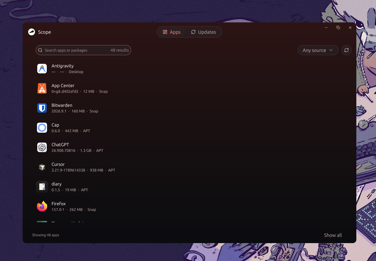 Scope v0.3.3 showing the Apps and Updates toggle, installed apps, search, source filter, and Show all control in its dark red interface