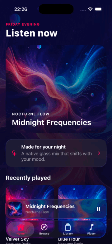 Demo recorded on an iPhone 17: a music app with glass cards, a glass mini-player, and the native Liquid Glass tab bar morphing between tabs