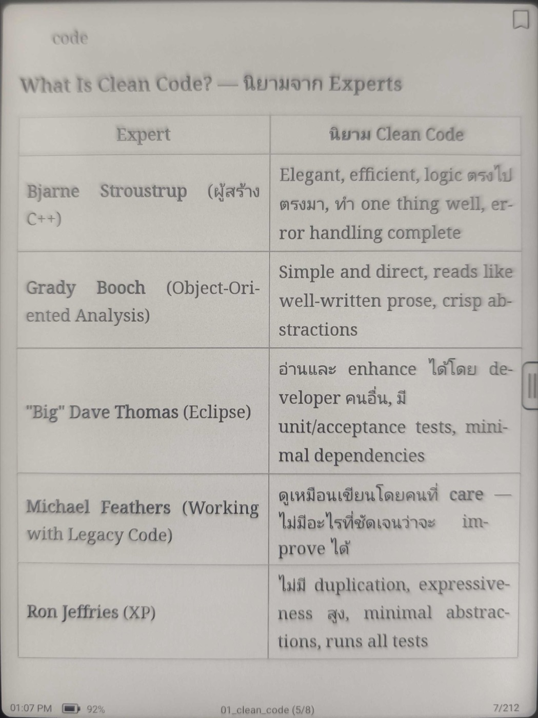 A chapter with a Thai/English table rendered on e-ink