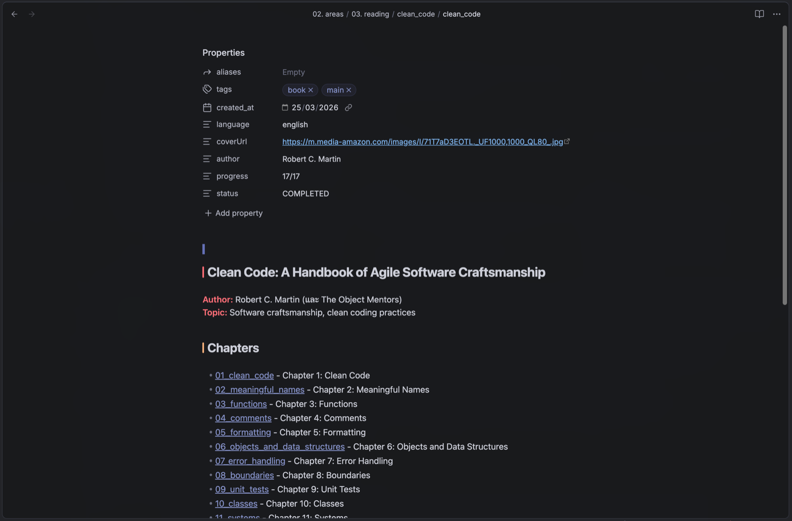 A book index note in Obsidian with frontmatter and a linked chapter list