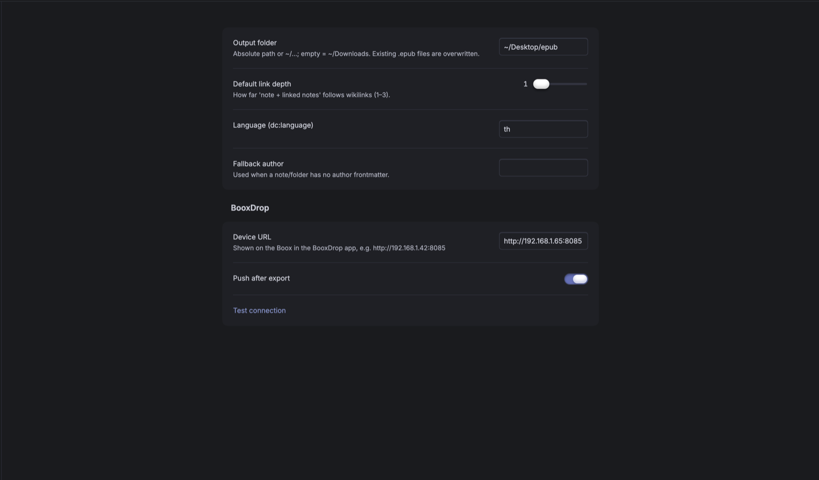 The Inkbound settings tab, including the BooxDrop device URL and push toggle