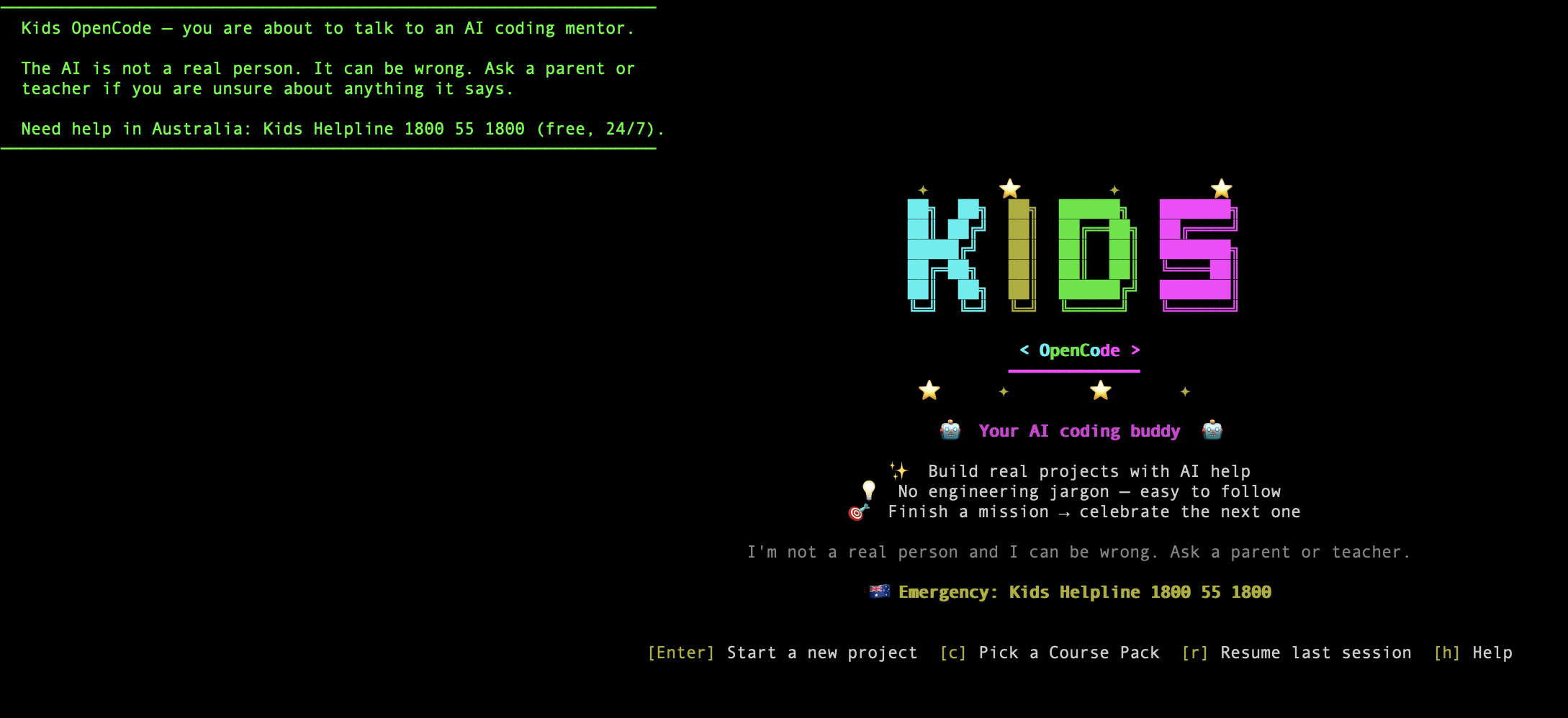 Kids OpenCode startup screen