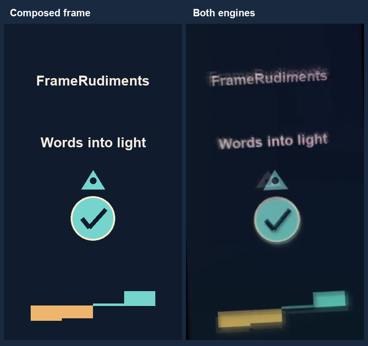 Actual composed frame beside the encoded frame after both visualisers, showing lyrics, sprites and recording bars