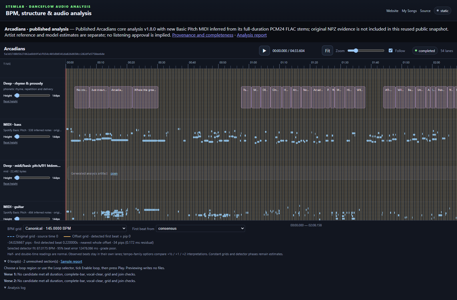 Actual local Arcadians MIDI note lanes, using retained stems and new inference