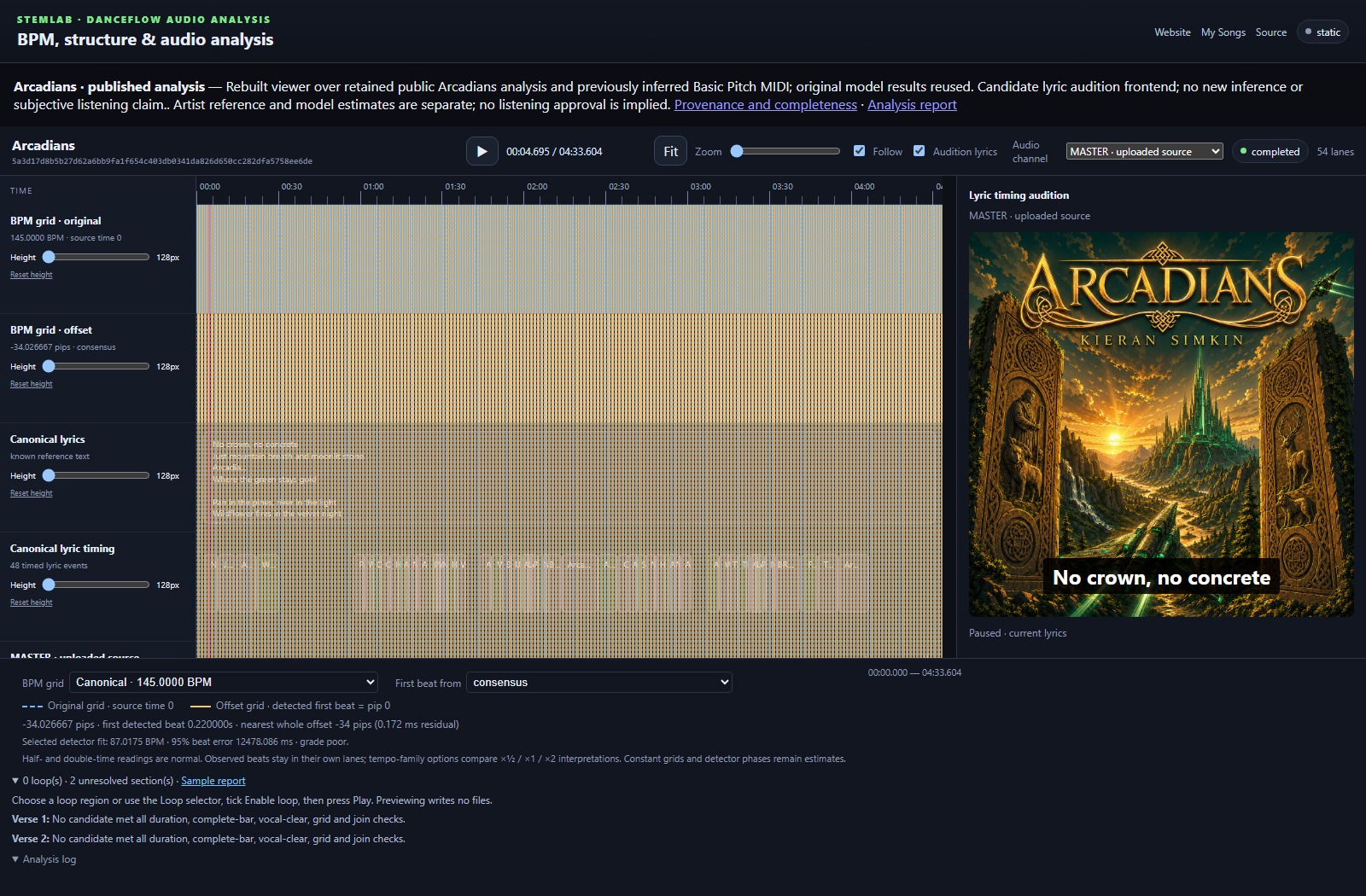 Actual Arcadians viewer with cover-art lyric subtitles