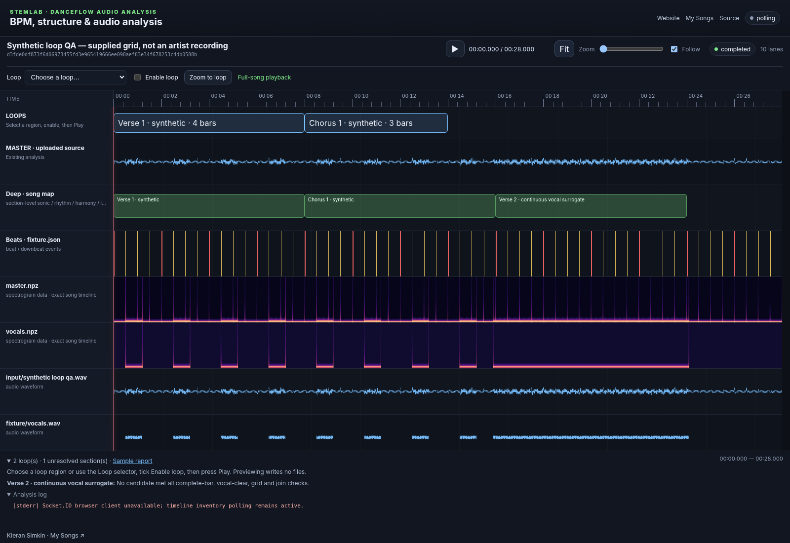 StemLab timeline showing synthetic loop candidates, waveforms, song sections, beat markers and spectrogram lanes on one shared clock
