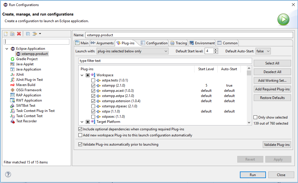 Before eclipse can successfully run xstampp the required plug-ins must be included in the runtime[]{data-label="fig:runConfig"}