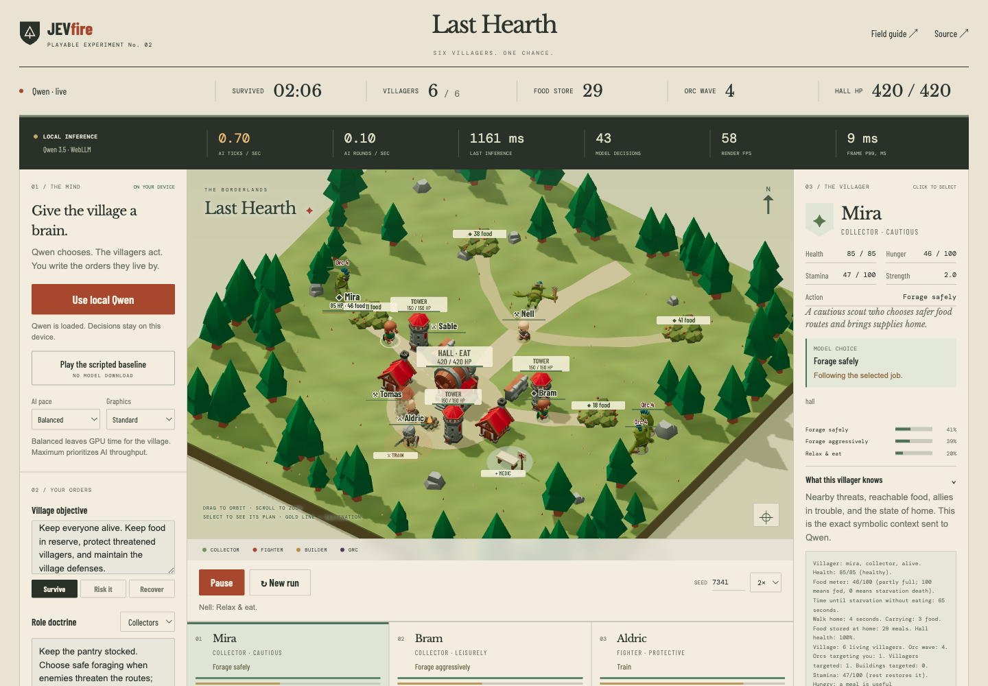 Last Hearth: a 3D survival village driven by local Qwen through WebLLM