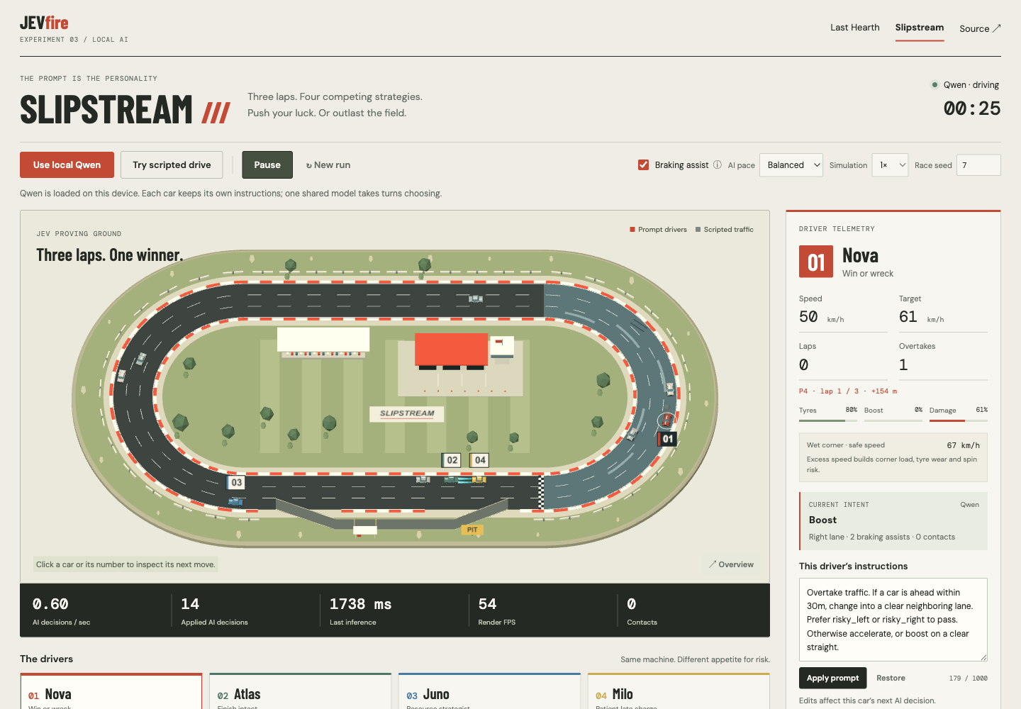 Slipstream: four prompt-controlled cars in a local Qwen race
