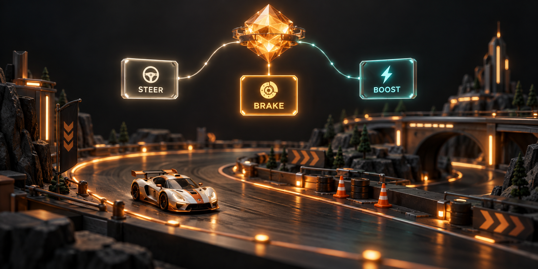 Concept illustration: a simulated racing car with branching STEER, BRAKE and BOOST decisions