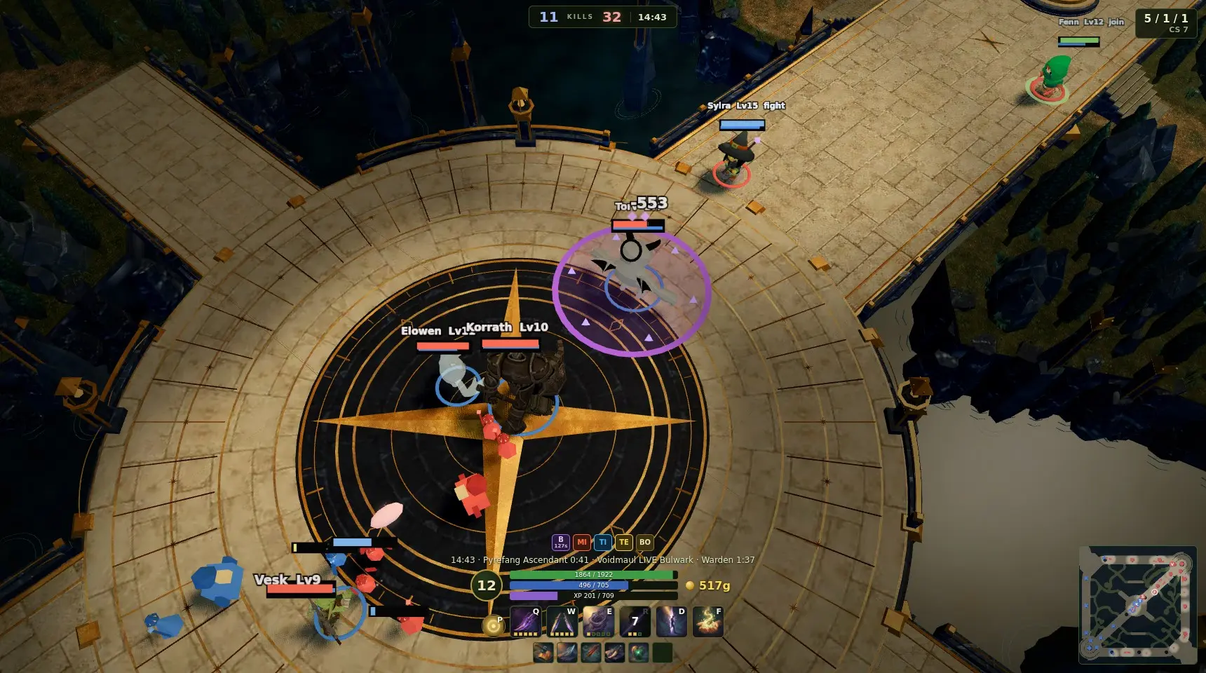 A fight on the plaza of the Star Orchard, where the mid lane crosses