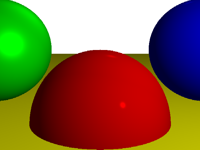 Un rendu d'une scène contenant une sphère verte sur la gauche, une sphère blue à droite et une sphère rouge au centre et à moitié enfoincé dans un sol jaune. On peut apercevoir des tâches de lumières sur les sphères rouges et vertes.