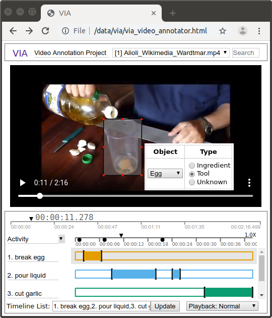 Temporal segments showing different human activities (e.g. break egg, pour liquid, etc.) and spatial regions (e.g. bounding box of cup) occupied by different objects in a still video frame are manually delineated in a video showing preparation of a drink.