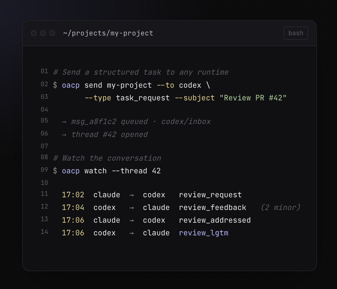 oacp send + watch terminal demo