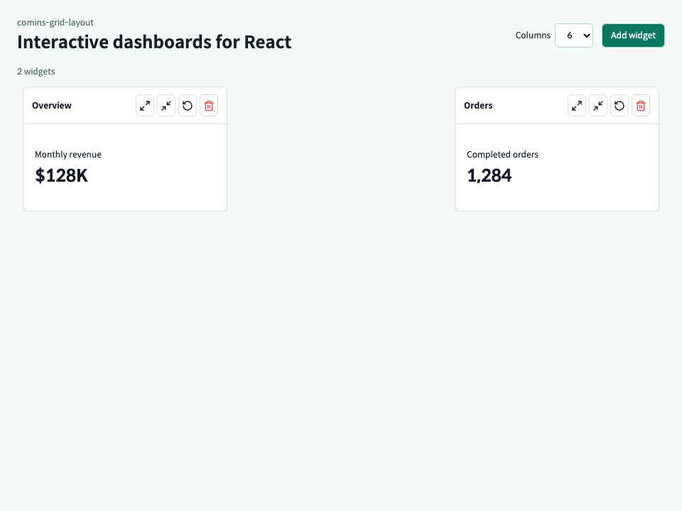 Widget CRUD, drag, and resize demo