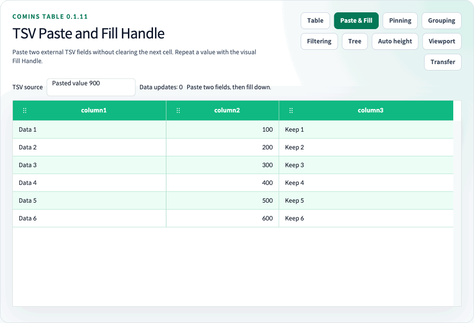 Comins Table 0.1.11 pastes two TSV fields and repeats a Cell pattern with the Fill Handle