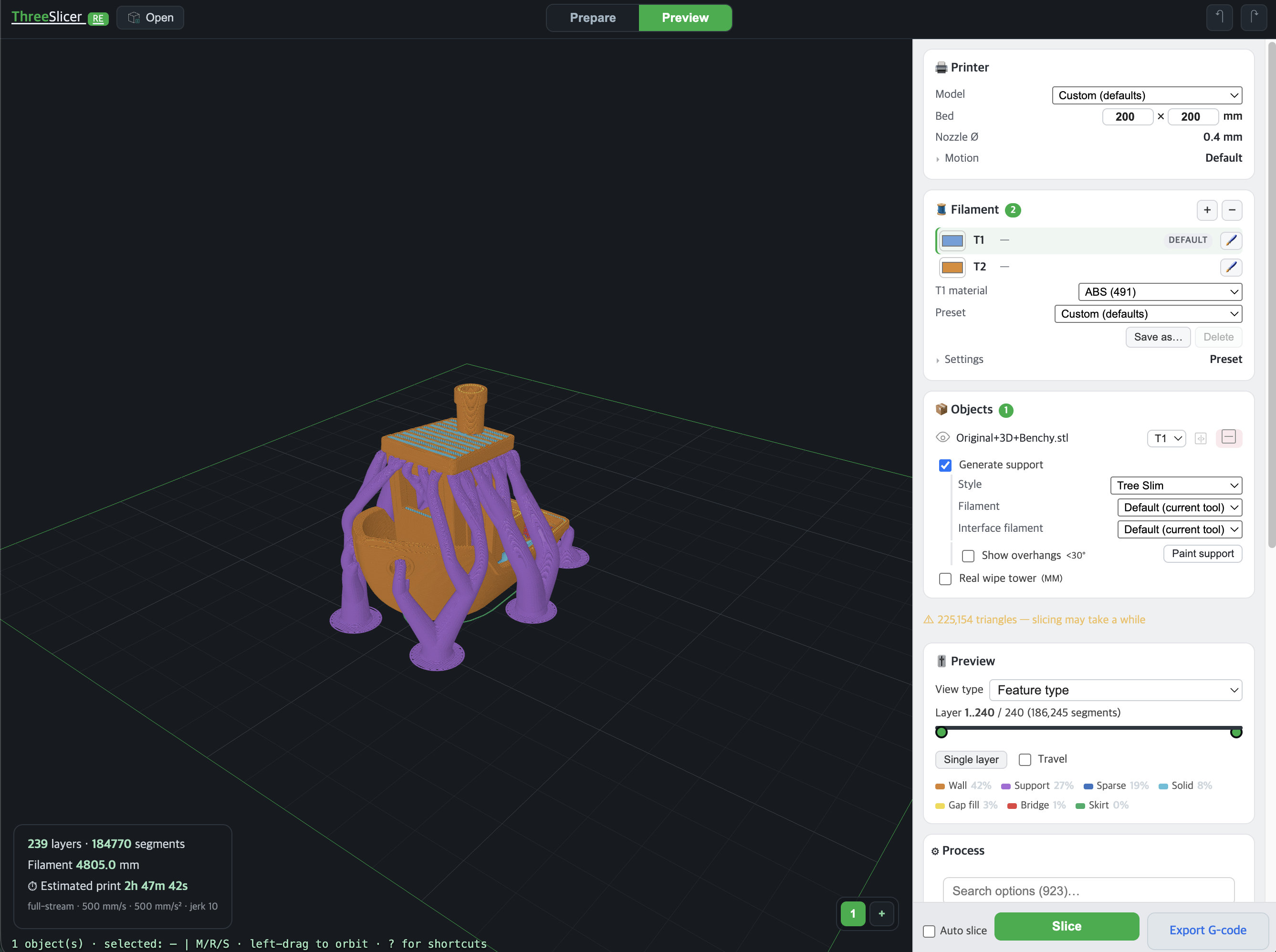 A sliced Benchy in the viewer's Preview tab — organic tree supports, per-feature toolpath colors, dual layer-range slider, filament and print-time estimates