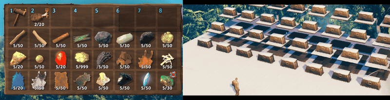 Inventory at left; receiving chests at right