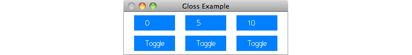 A window with 6 buttons labelled "0", "5", "10", "toggle", "toggle", and "toggle".