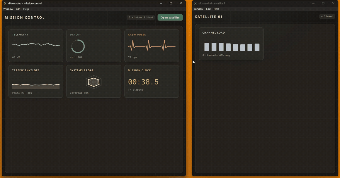 Two desktop windows sharing one live drag world: Mission Clock crosses the orange desktop gap, lands beside Channel Load in Satellite, then returns to Mission Control while updating inside the drag ghost