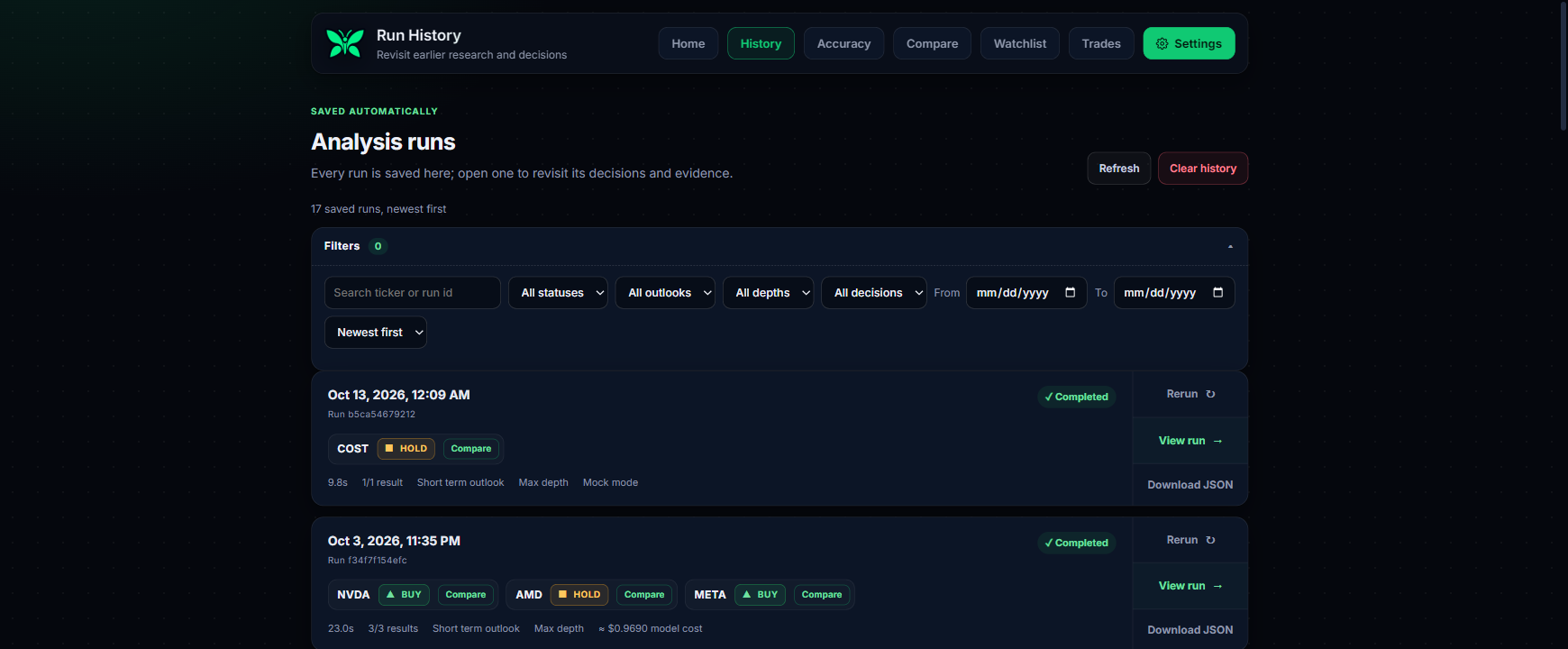 Run history with decisions, rerun, and JSON export actions