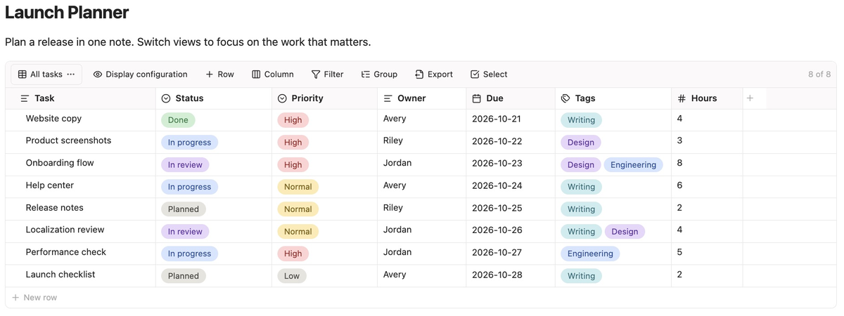 Super Table with a launch planner, typed fields, and multiple views