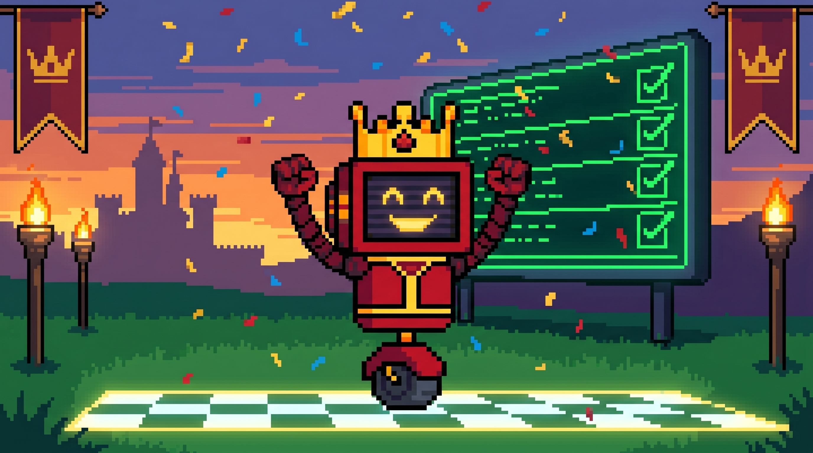 Vibe Bot crossing the finish line with arms raised, scoreboard of completed objectives behind him