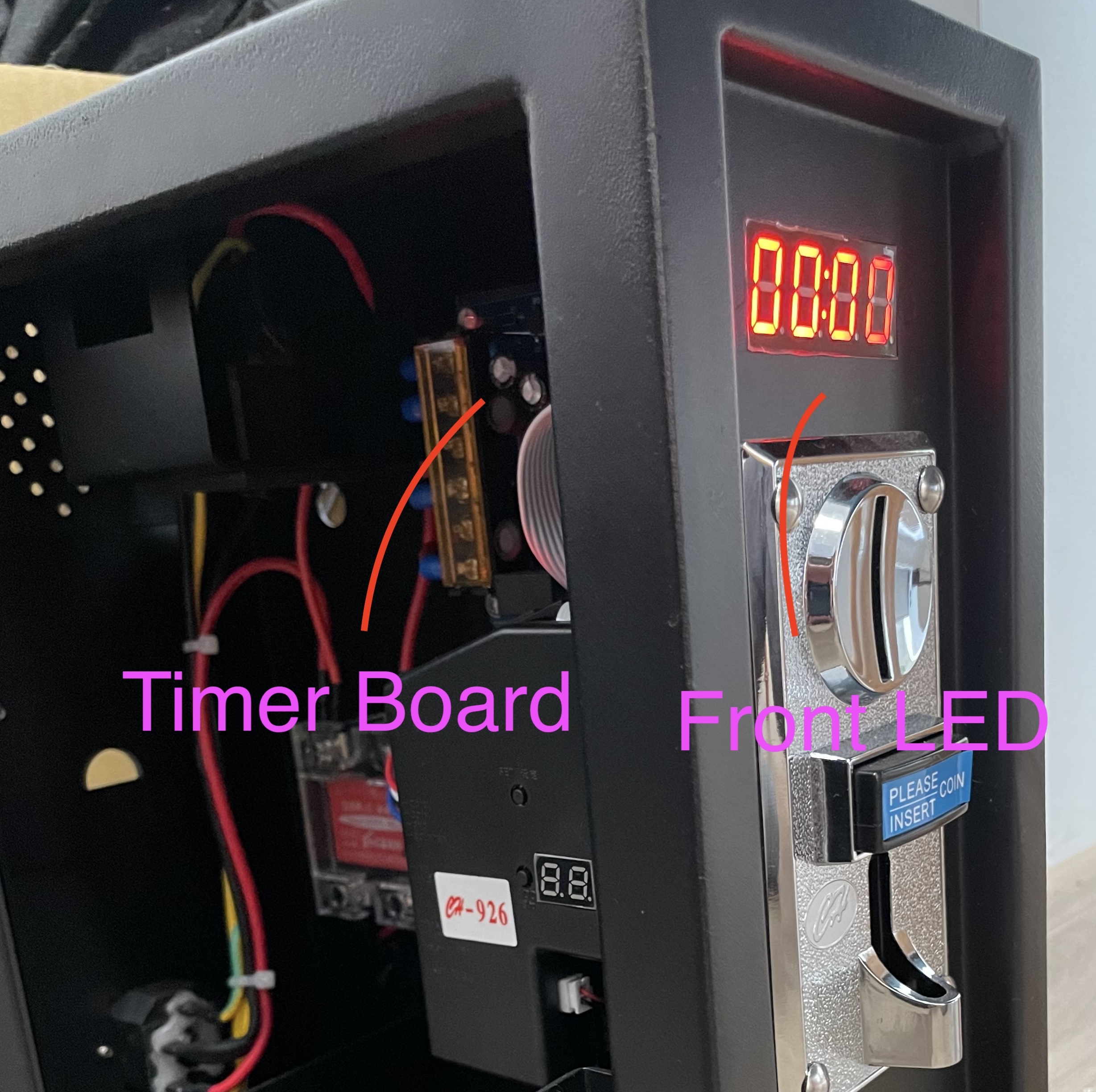 ST-002 open — Timer Board and Front LED labelled