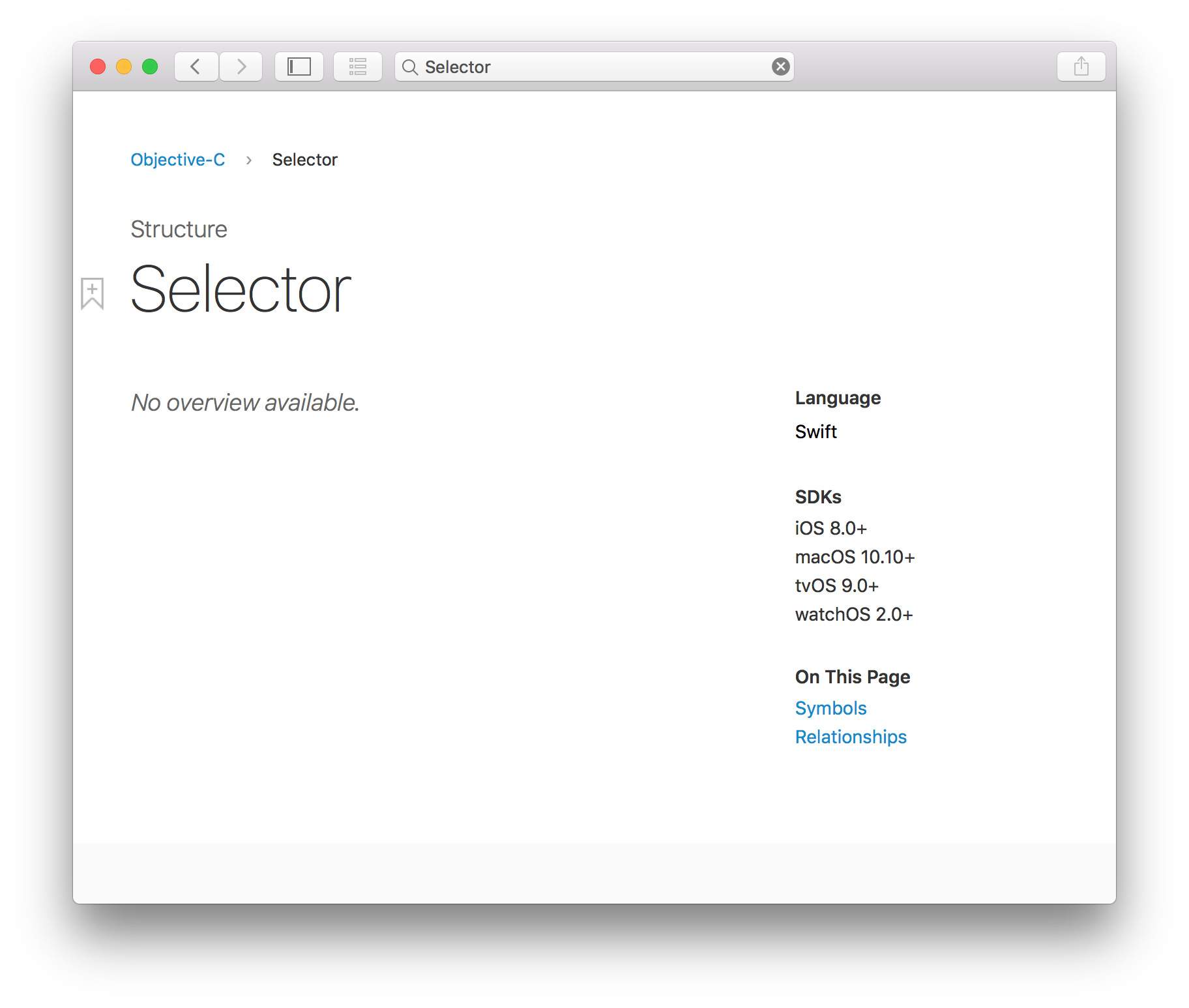 Selector in Xcode Documentation & API Reference