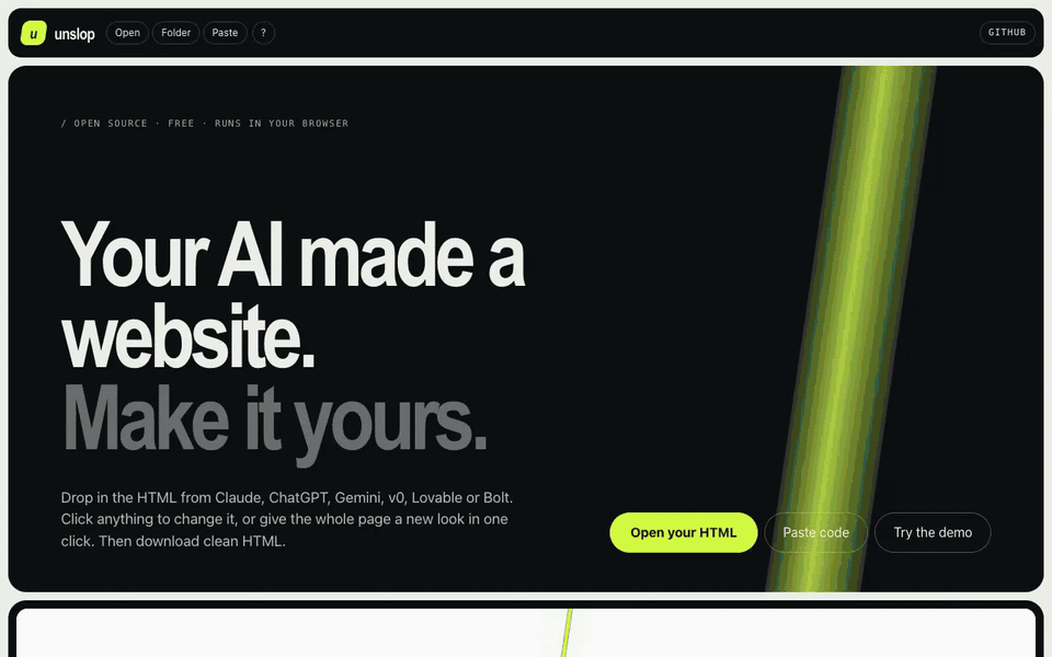 Drop in an AI-made page, try a look in one click, type a new headline, preview it