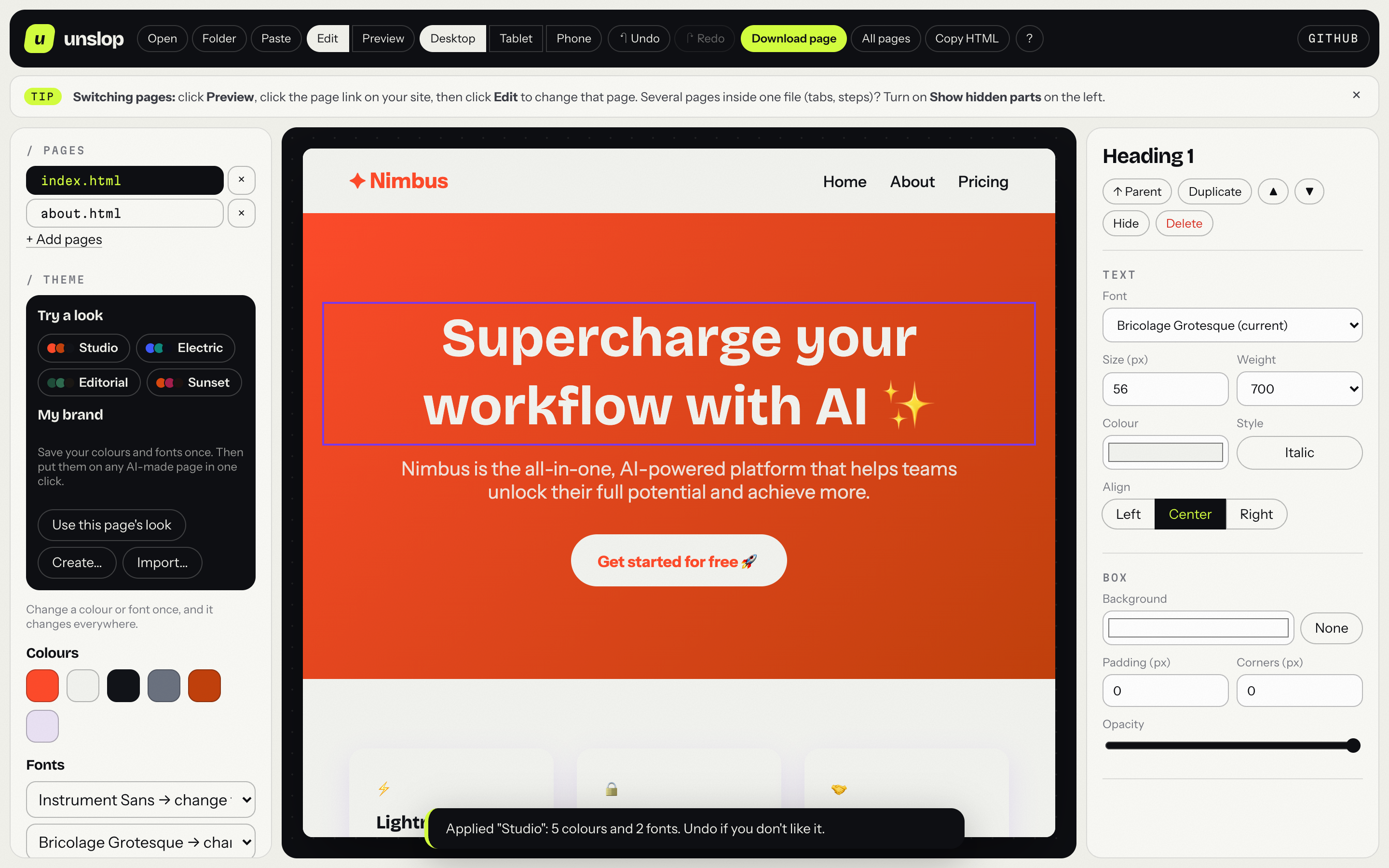 The unslop editor: pages and looks on the left, the page in the middle, styling on the right