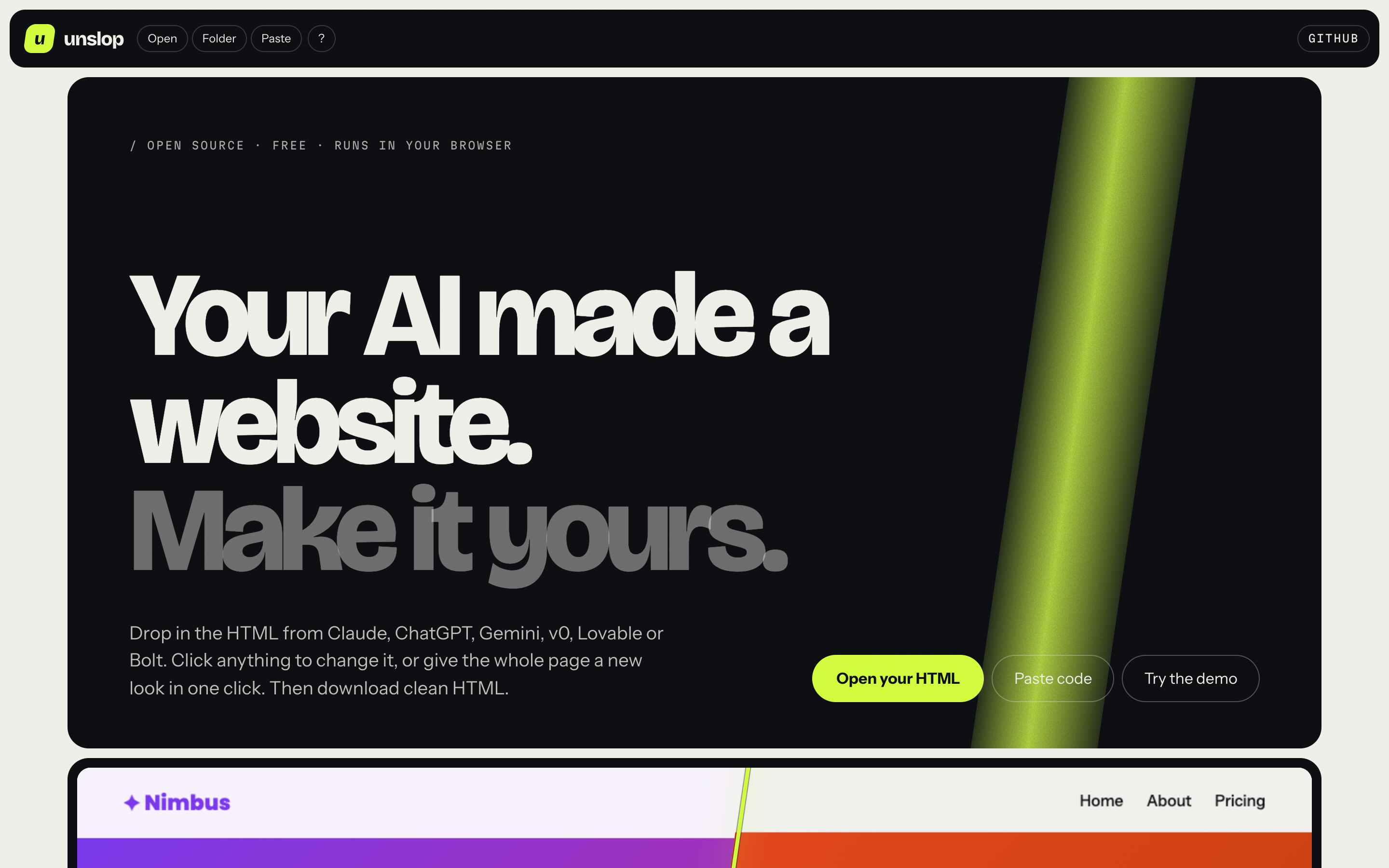 unslop: your AI made a website. Make it yours.