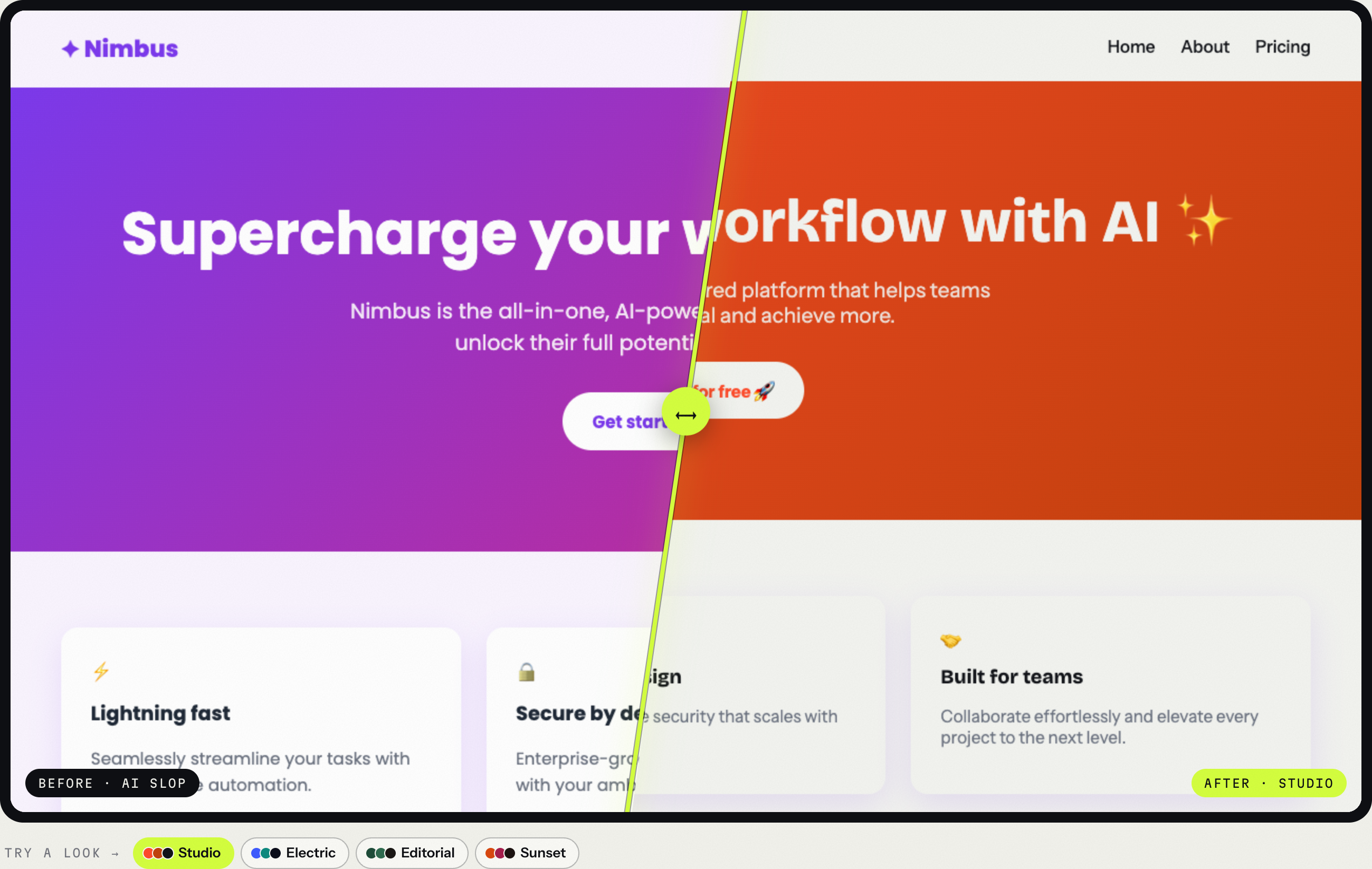 The same AI-made page before and after one click