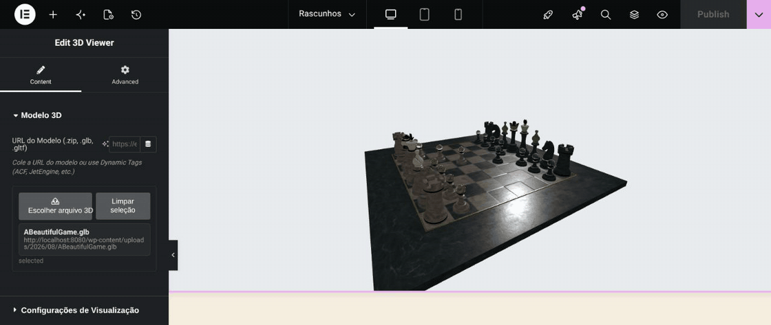 Model selection, widget controls and 3D interaction inside the Elementor editor