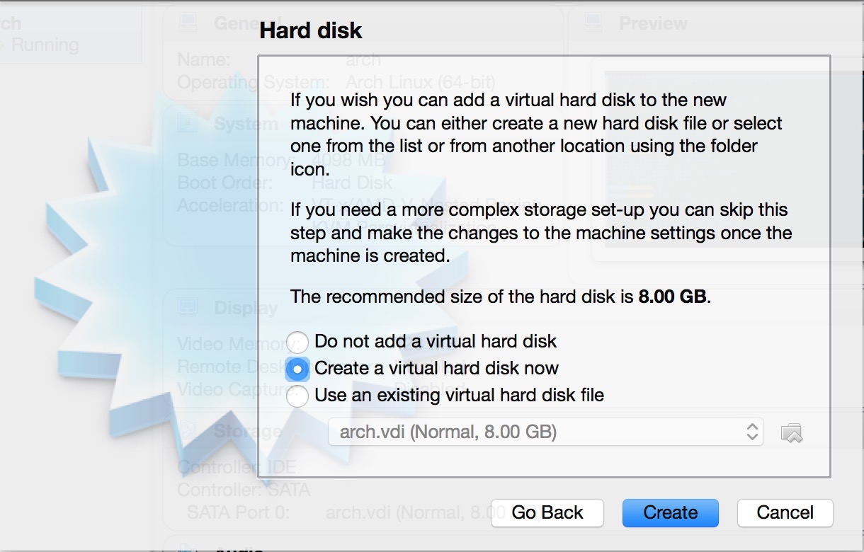 Create or select existing hard disk if needed