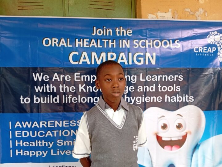 A pupil addresses the school on healthy oral hygiene habits