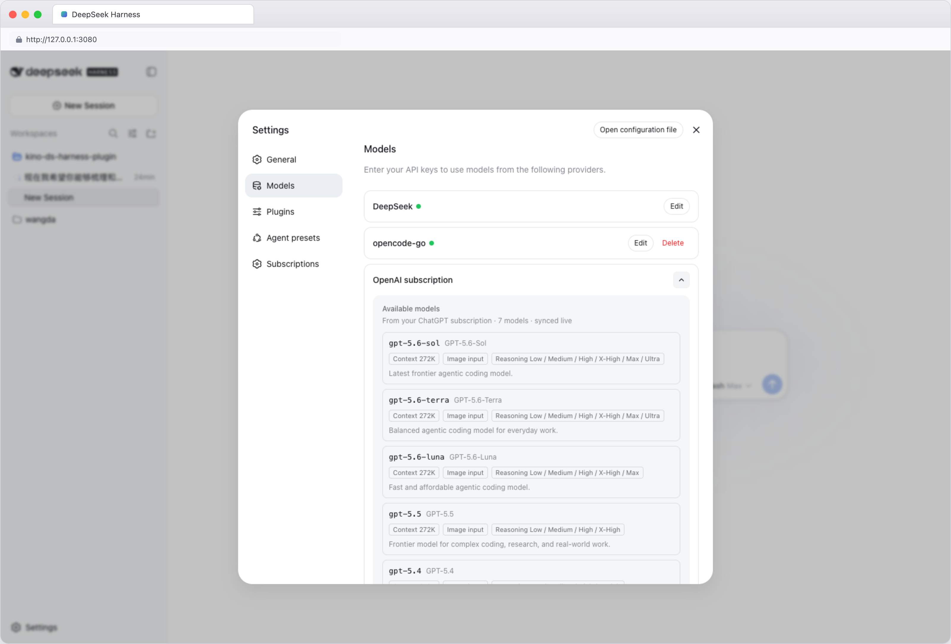 Models page — OpenAI subscription expanded (light)