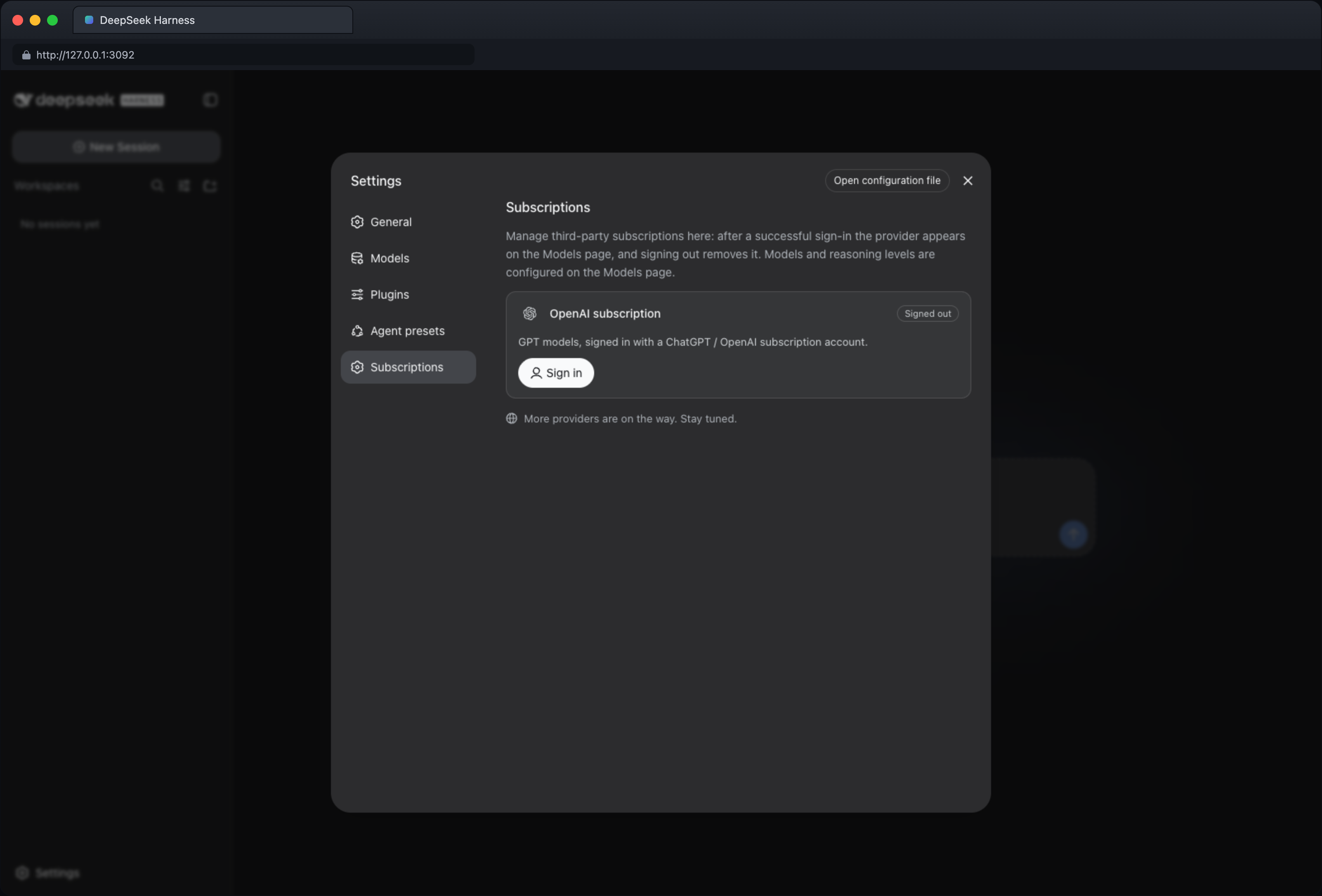 Subscriptions settings — signed out (dark)