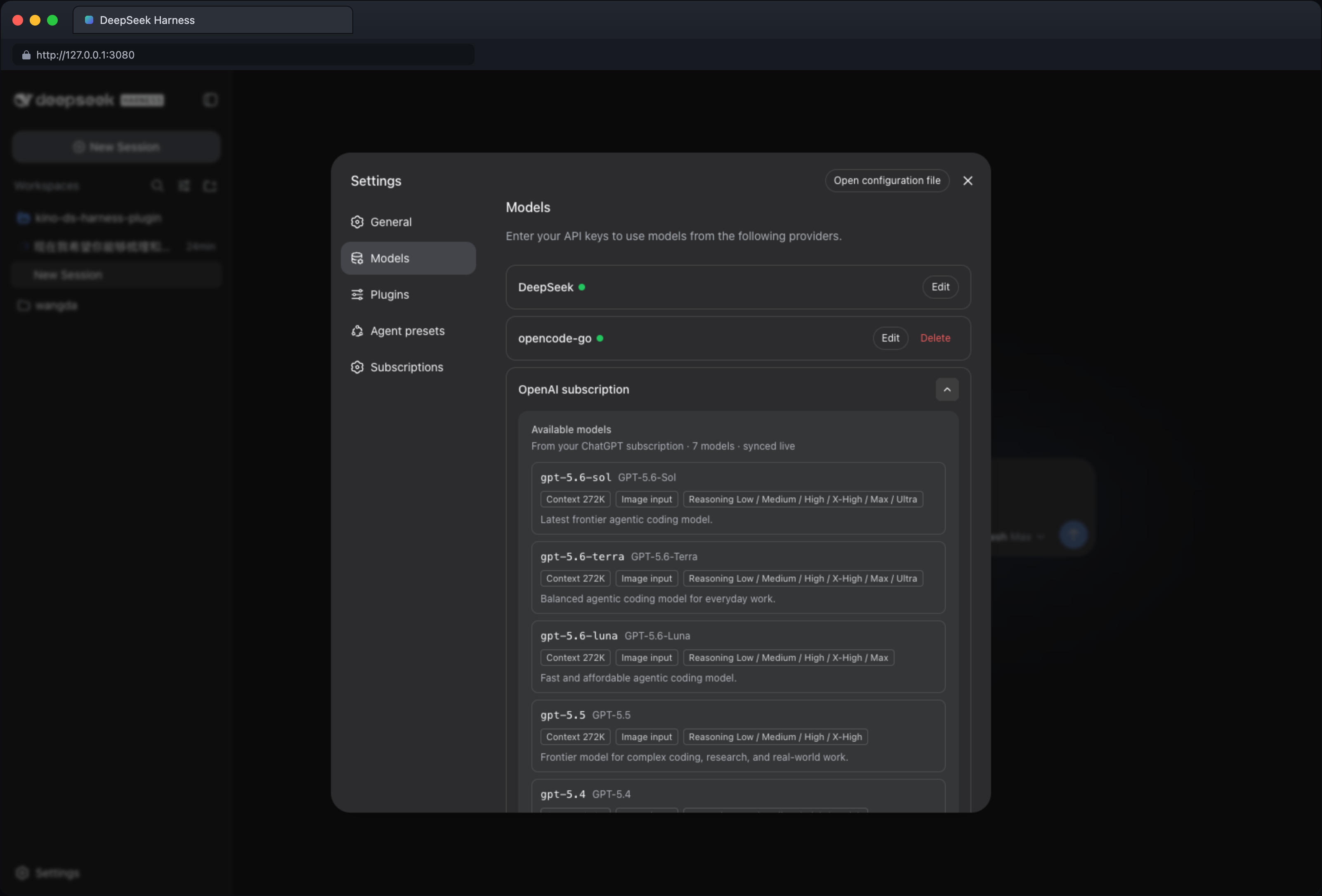 Models page — OpenAI subscription expanded (dark)