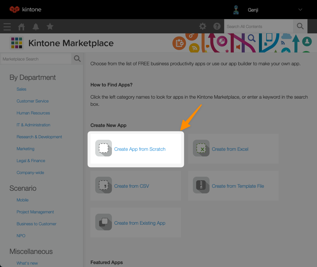 Kintone Marketplace page > Create New App section > select the Create App from Scratch button